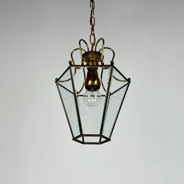 Mid-Century Modern Italian Brass and Beveled Glass Lantern Pendant Light by Adolf Loos, 1950s For Sale - Image 3 of 7