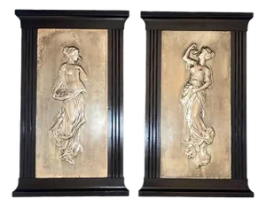 Late 19th Century Pair of Italian Silver Plate Relief Plaques Classical Maidens