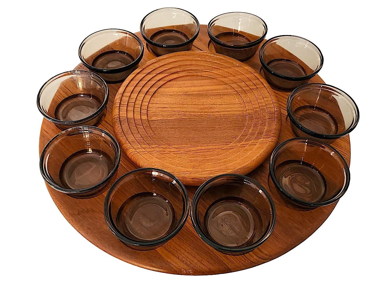 1960s Danish Teak Wood Lazy Susan and Condiment Bowls Designed by