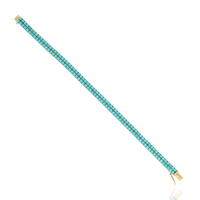 Metal 14k Yellow Gold Double Beaded 9.85ct Turquoise Tennis Necklace for Women For Sale - Image 7 of 16