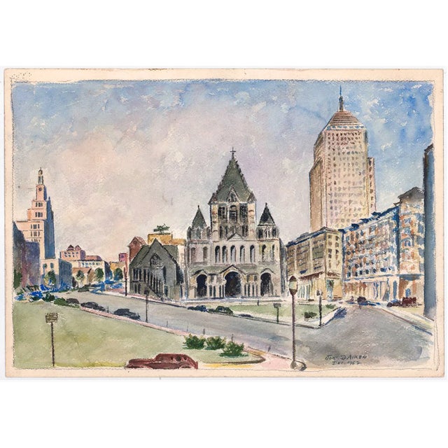 Cityscape painting by Massachusetts artist John Dary Aiken (1908-) "Copley Square" watercolor on heavy paper. Signed and...
