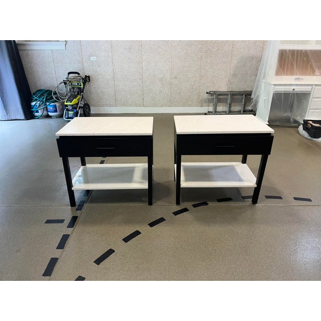 Custom Oak Espresso Nightstands With Limestone Top & Shelf – Modern Organic Bedside Tables For Sale - Image 10 of 10