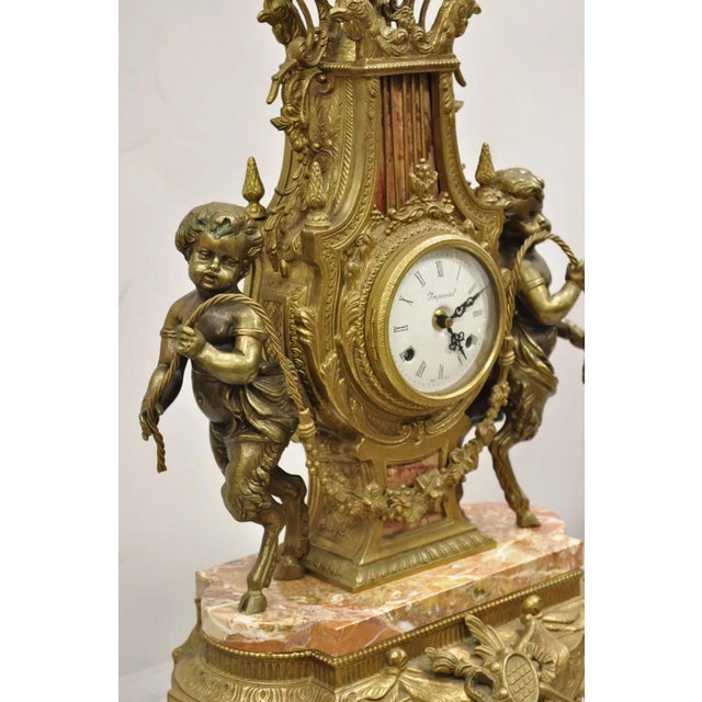 Vintage French Louis XV Style Brevetatto Italy Brass Marble Figural Cherub Clock For Sale - Image 11 of 12