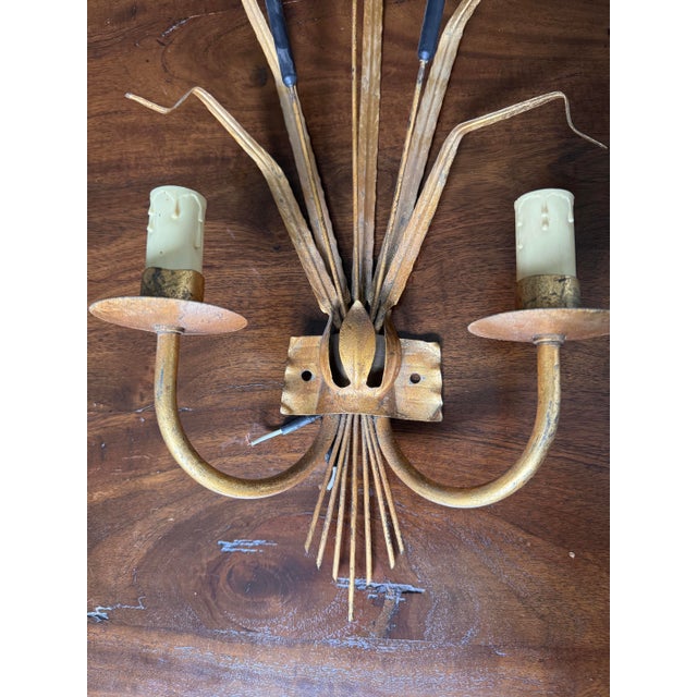 Hollywood Regency 1950s Hollywood Regency Gilt Cattail Sconces, Pair For Sale - Image 3 of 7