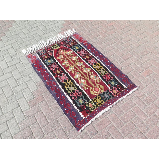 Mid 20th Century Mid 20th Century Small Floral Style Boho Turkish Handmade Kilim Area Rug For Sale - Image 5 of 11