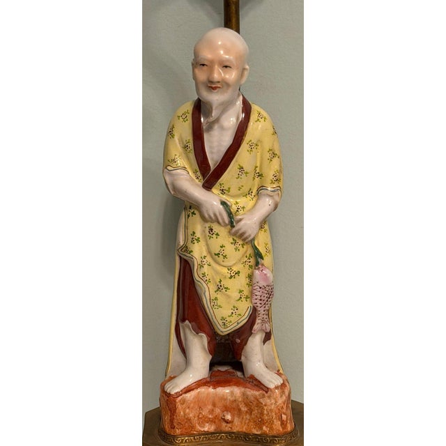 Vintage Chinese Famille Rose Fisherman Lamp Hand-Painted Porcelain Undrilled Figurine For Sale In Portland, ME - Image 6 of 12