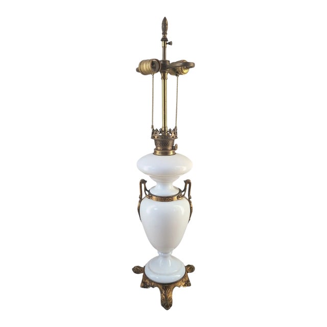 Antique Victorian Austrian R.Ditmar Wien Opaline Glass Bronze Oil Lamp Converted For Sale