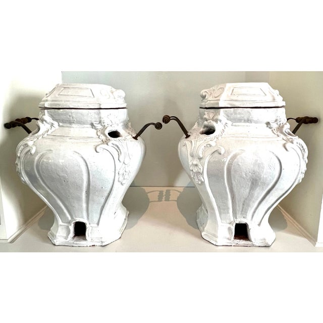 Glazed Terracotta Garden Urns or Jardinieres with Metal and Wood Handles - A Pair For Sale - Image 4 of 13