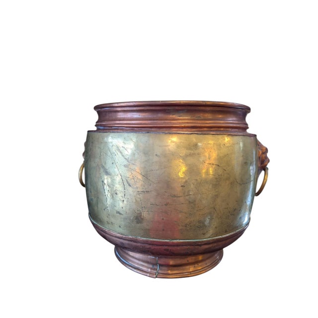 French Antique French Copper and Brass Jardiniere With Crest and Lion Head Handles For Sale - Image 3 of 12
