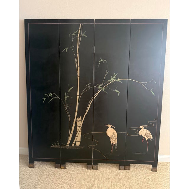 Chinoiserie Vintage Chinese Carved Lacquer Folding Screen, 73" H, Lotus & Mandarin Ducks For Sale - Image 3 of 9