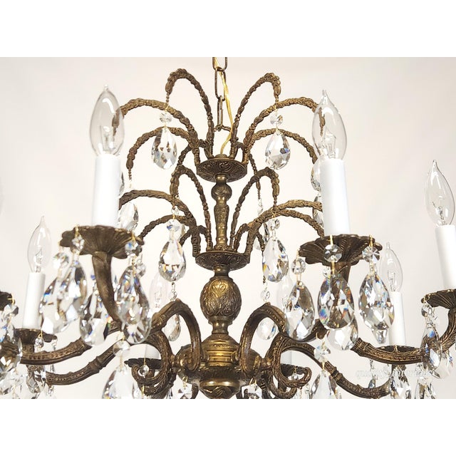 1960s Antique 8 Arm Sensational Dark Patina Brass Cut Lead Glass Crystal Chandelier For Sale - Image 5 of 12