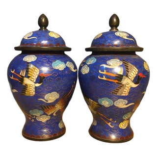Pair of Small Chinese Cloisonné Enamel Crane & Cloud Jars With Lids - 8" Tall For Sale