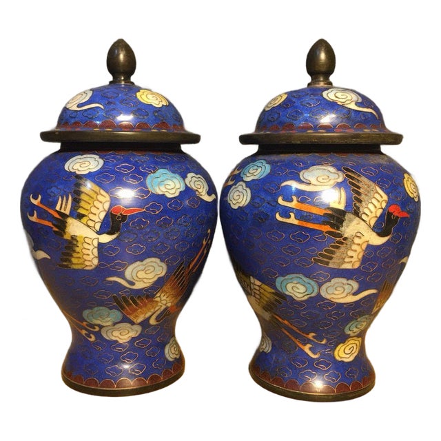 Pair of Small Chinese Cloisonné Enamel Crane & Cloud Jars With Lids - 8" Tall For Sale