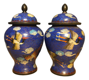Pair of Small Chinese Cloisonné Enamel Crane & Cloud Jars With Lids - 8" Tall