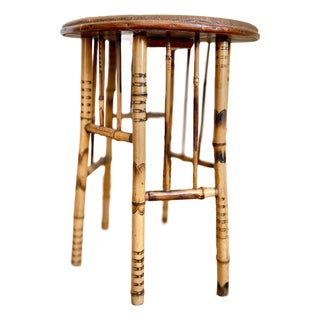 Antique English Tortoiseshell Bamboo Side Table, Woven Rush Top For Sale