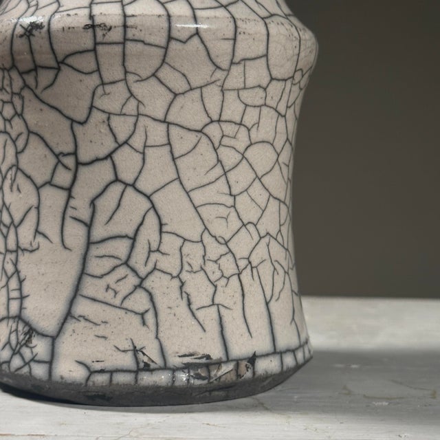 Ceramic Pair of Vintage Postmodernist Raku Fired Crackle Glazed Lidded Stoneware Vessels, Signed For Sale - Image 7 of 9