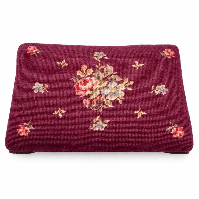 Vintage French Provincial Needlepoint Footstool in Burgundy Wool With Floral Motif For Sale - Image 4 of 7