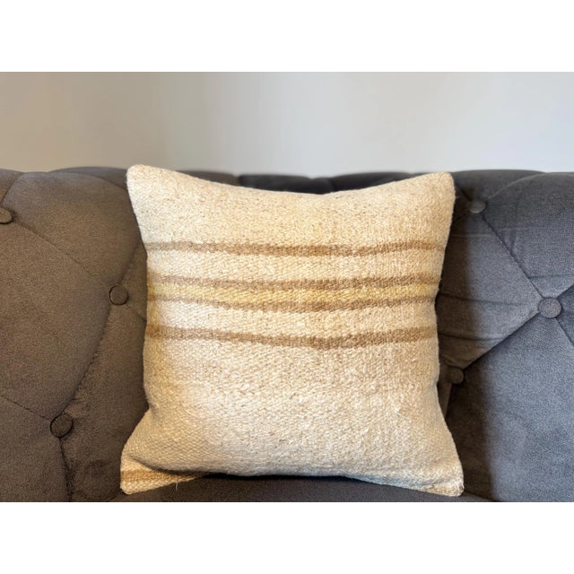 Turkish Hemp Pillow, Ivory Taupe Multi-Stripe Cushion, Handwoven Anatolian Pillow With Insert, 16x16 In For Sale In New York - Image 6 of 8