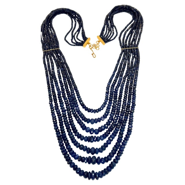 760 Carat Natural Sapphire Bead Seven Strand Necklace 14K Gold With Spacer 28" For Sale - Image 17 of 18