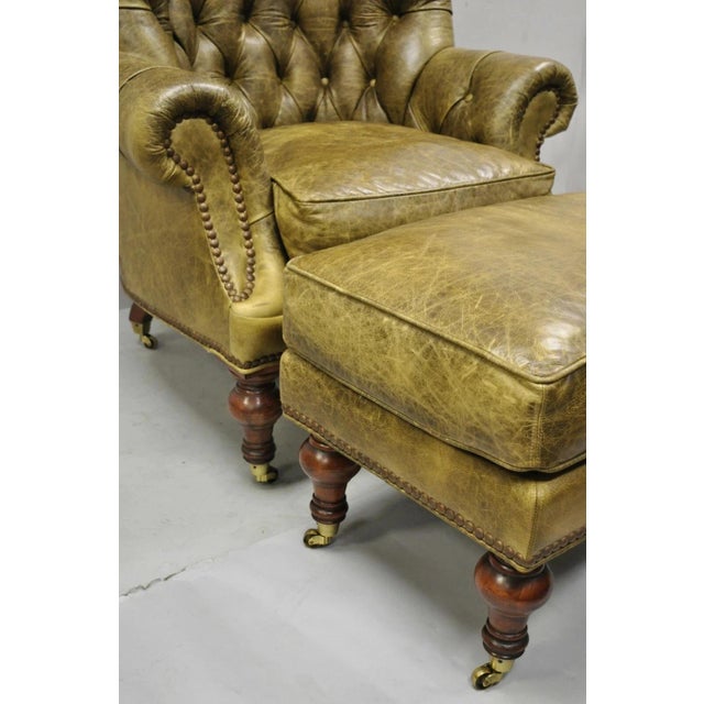 Brown Lillian August Brown Green Leather Chesterfield Club Lounge Chair & Ottoman For Sale - Image 8 of 12