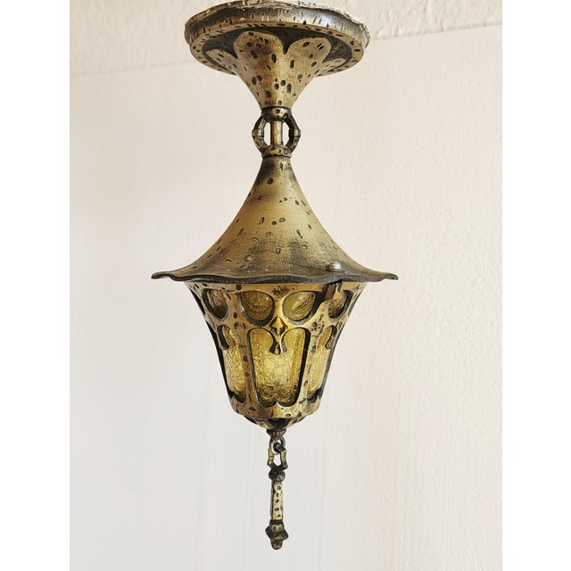 1930s Antique 1920's Lincoln Lighting Pendant Light With Amber Art Glass For Sale - Image 5 of 11