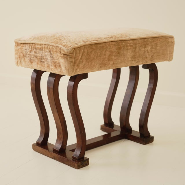 Brown Italian Art Deco Stools With Wavy Dark Wood Legs, a Pair, 1940's For Sale - Image 8 of 9