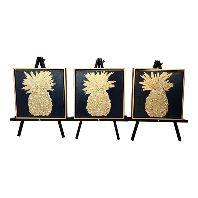Southern Hospitality Collection; Navy & Gold Pineapples - Designed by Cheryl P. Kohloff - Set of 3 For Sale