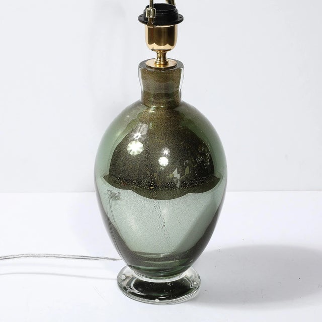 Metal Modernist Hand-Blown Murano Smoked Emerald Glass Table Lamps W/ 24k Gold Flecks For Sale - Image 7 of 12