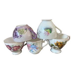Vintage Floral Porcelain Teacups — Assorted Set of 5
