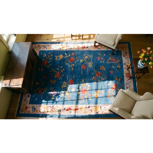 1920s Royal Blue Floral Antique Chinese Art Deco Rug 6'0" X 8'9" Knotted Wool Carpet For Sale - Image 12 of 12