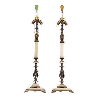 1930s Art Deco Brass & Onyx Tall Table Lamps - A Pair For Sale