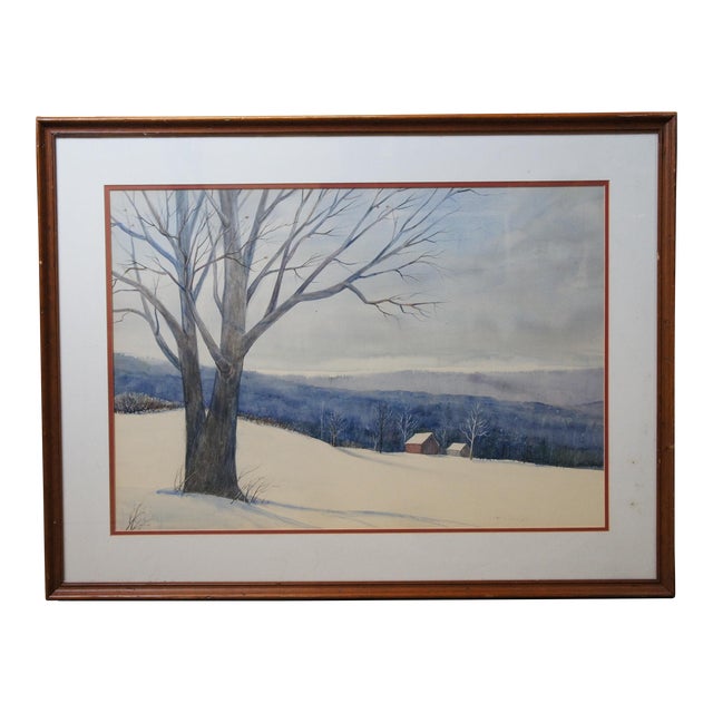 Late 20th Century Mary Ellen Wilson Ohio Winter Farmhouse Landscape Watercolor Painting 34", Framed For Sale