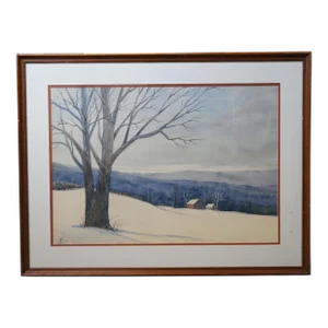 Late 20th Century Mary Ellen Wilson Ohio Winter Farmhouse Landscape Watercolor Painting 34", Framed