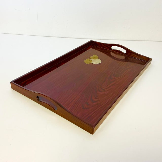 Oxblood Red 1980s Vintage Hollywood Regency Coastal Faux Rosewood Tray, Brass Shell Overlay Accents. For Sale - Image 8 of 18