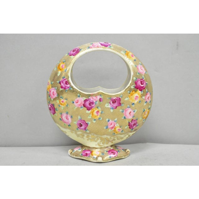 Antique Japanese Nippon Hand Painted Porcelain Gold Gilt Handle Moon Basket Vase For Sale - Image 11 of 17