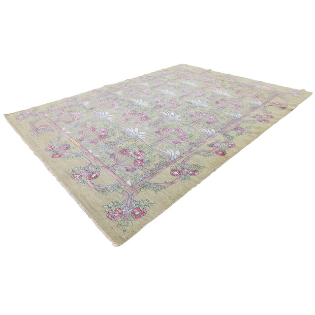 Modern Art Nouveau Inspired Floral Wool Area Rug in Pastel Sage and Rose Pink For Sale - Image 10 of 11