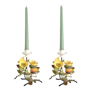 Candlesticks Tole Painted Metal Butterflies & Flowers 1960s Italy For Sale