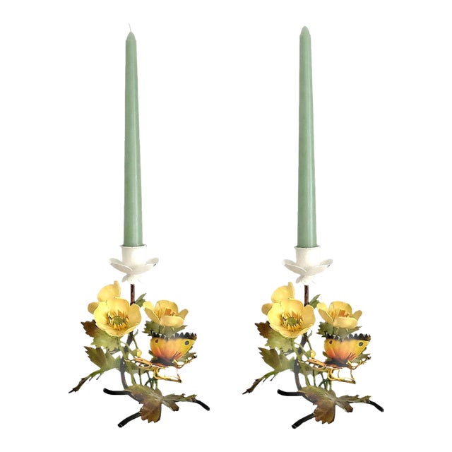 Candlesticks Tole Painted Metal Butterflies & Flowers 1960s Italy For Sale