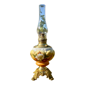 Antique American Banquet Oil Lamp With Hand Painted Font and Brass Filigree Base