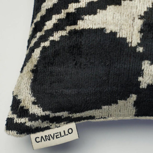 Ivory Handmade Black & Ivory Velvet Pillow – 24x24" Silk Ikat Cushion For Sale - Image 8 of 9