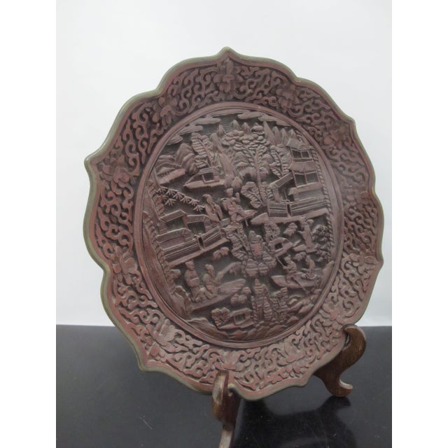 Plastic Chinese Cinnabar Lacquer Style Resin Village Scene 10" Plate Pair With Stands For Sale - Image 7 of 18