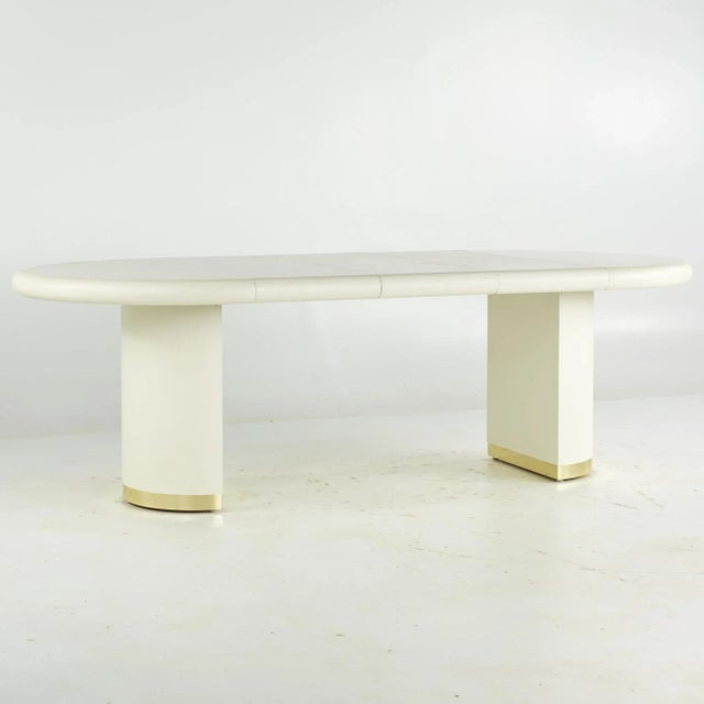 Karl Springer Style Mid Century Grass Cloth and Brass Expanding Dining Table For Sale - Image 9 of 12