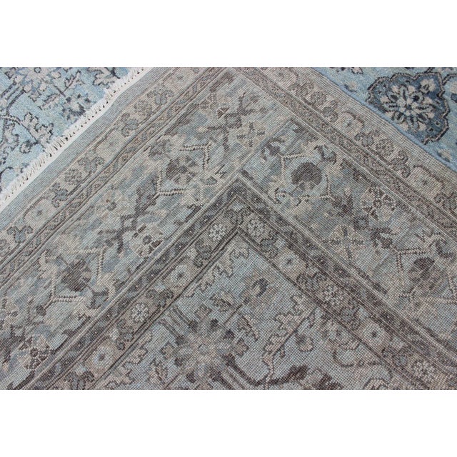 Modern Hand-Knotted Oushak Rug With Geometric Design in Blues and Browns For Sale - Image 11 of 12