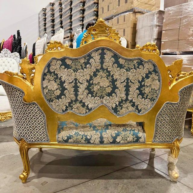 French French Style Blue Damask Sofa With Gold Leaf Details For Sale - Image 3 of 5
