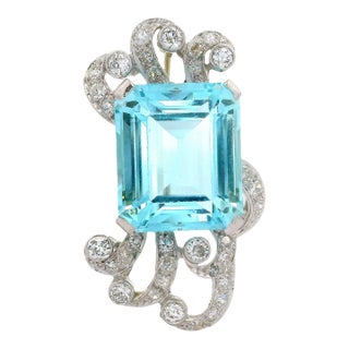 Retro 14.00 Carat Aquamarine Diamond Platinum 14k Gold Brooch For Sale