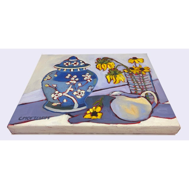 2020s Blue Ginger Jar Still Life Painting With Flowers For Sale - Image 5 of 6