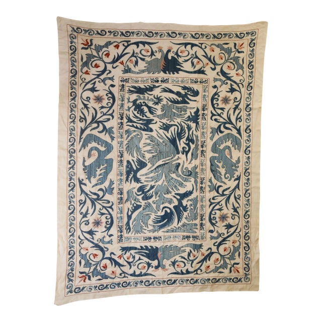 Vintage Blue Floral and Birds Suzani Uzbek Embroidered Textile For Sale
