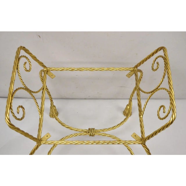 Hollywood Regency Italian Hollywood Regency Gold Gilt Iron Rope Tassel Form Vanity Bench Chair For Sale - Image 3 of 12