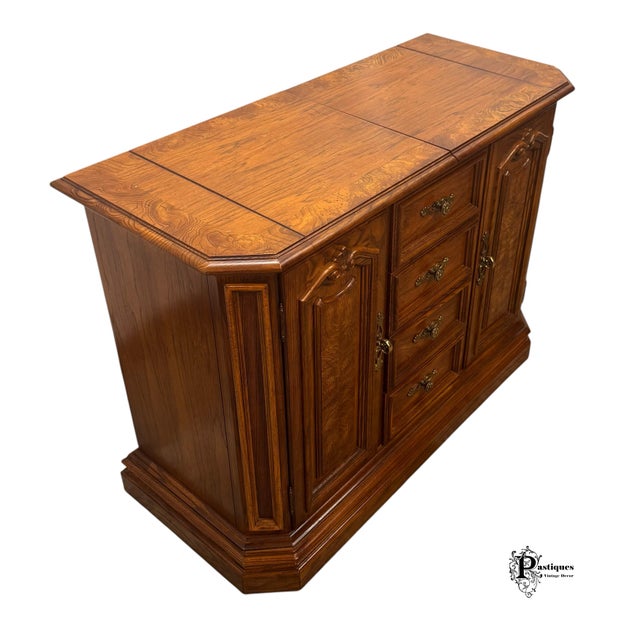 Wood Vintage American of Martinsville French Country Style Oak & Burl Wood Flip Top Server / Storage Cabinet For Sale - Image 7 of 12