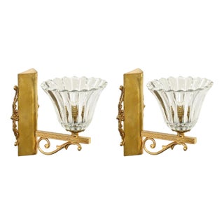 Murano Glass and Brass Flower Sconces from Barovier, 1950s, Set of 2 For Sale